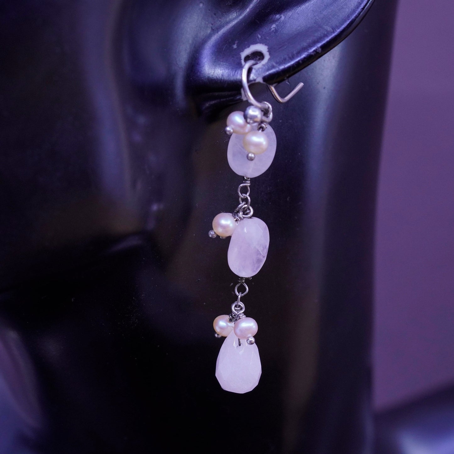 Vintage Mexico Sterling 925 silver handmade earrings w/ pink rose quartz pearl