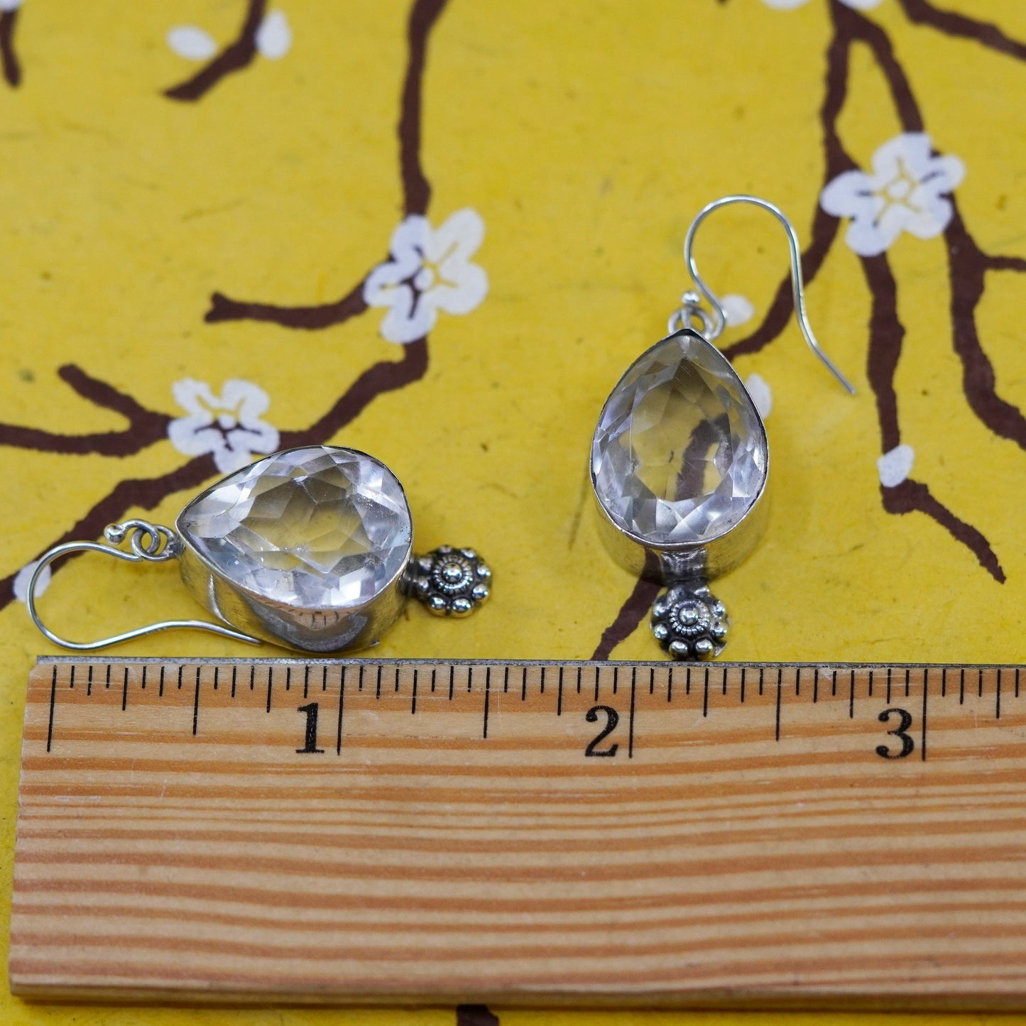 Vintage Sterling 925 silver handmade teardrop earrings with crystal
