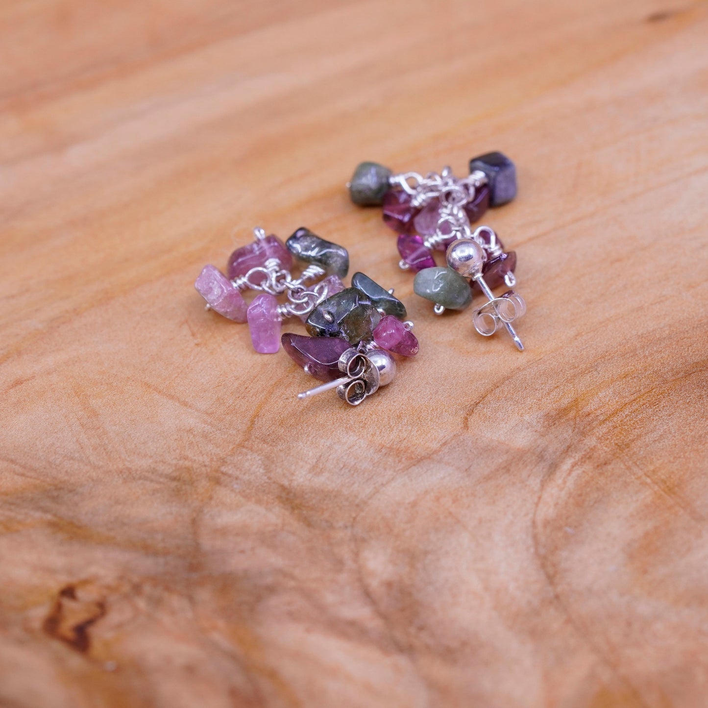 Vintage Sterling 925 silver Handmade earrings with cluster amethyst jade