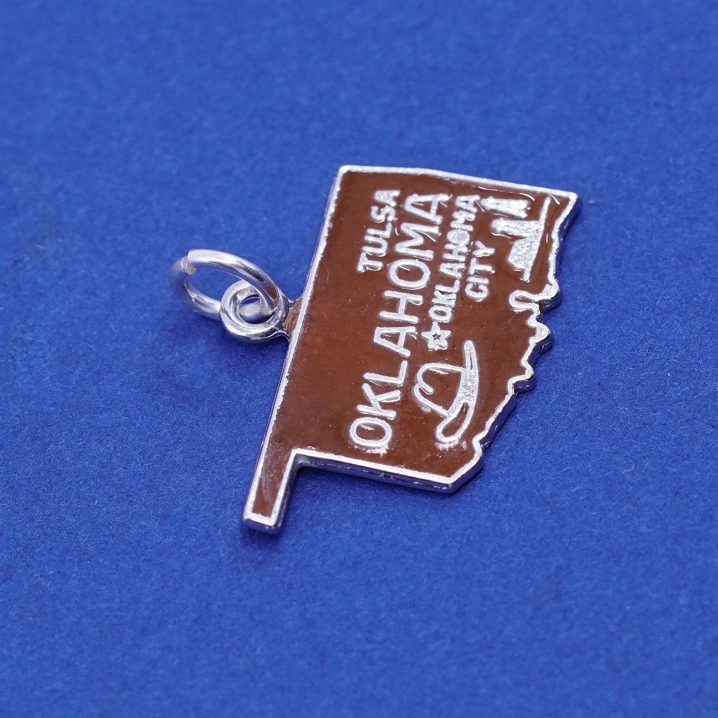 Vintage Sterling silver handmade pendant, 925 Oklahoma red enamel charm