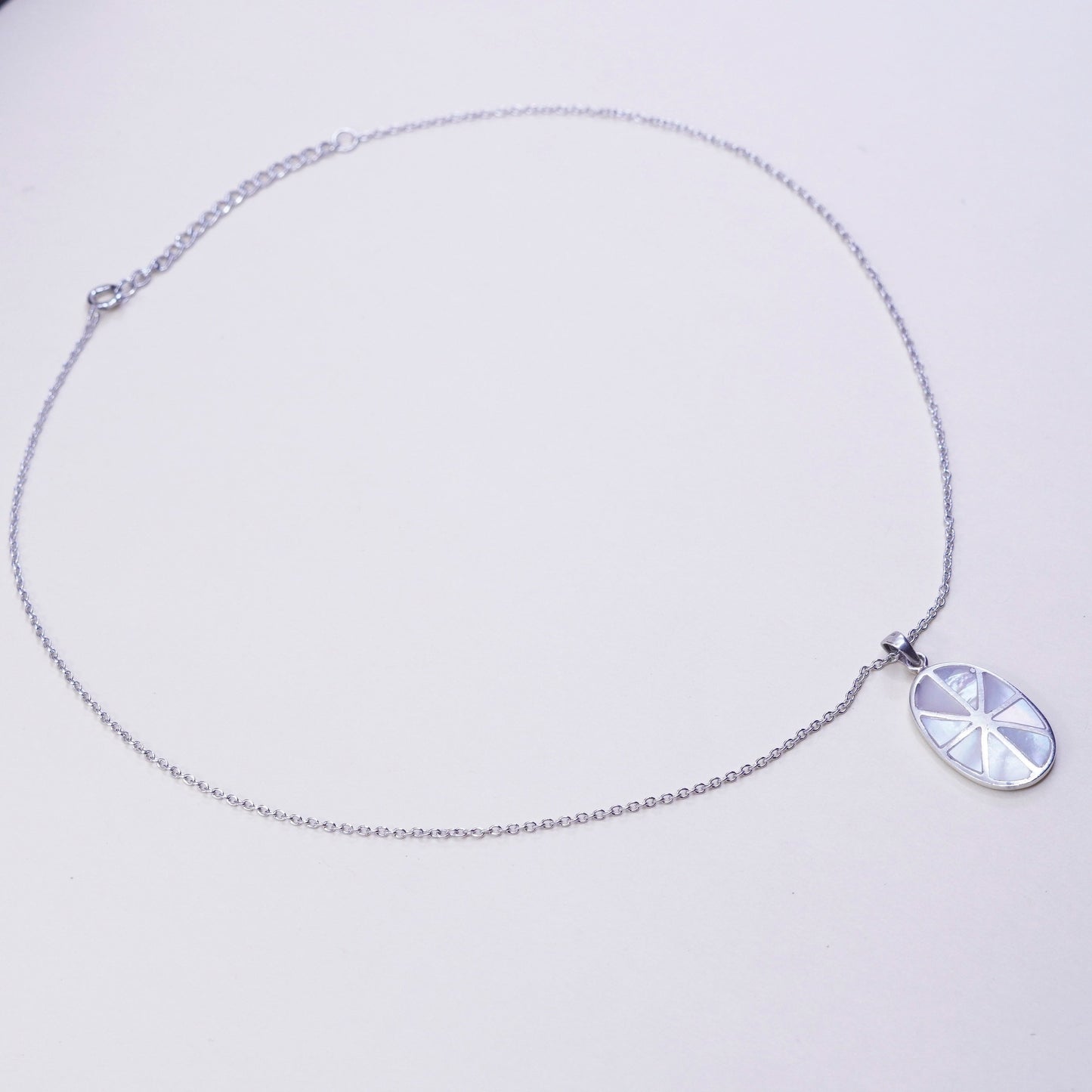 16+2”, Sterling silver necklace, 925 circle chain oval mother of pearl pendant