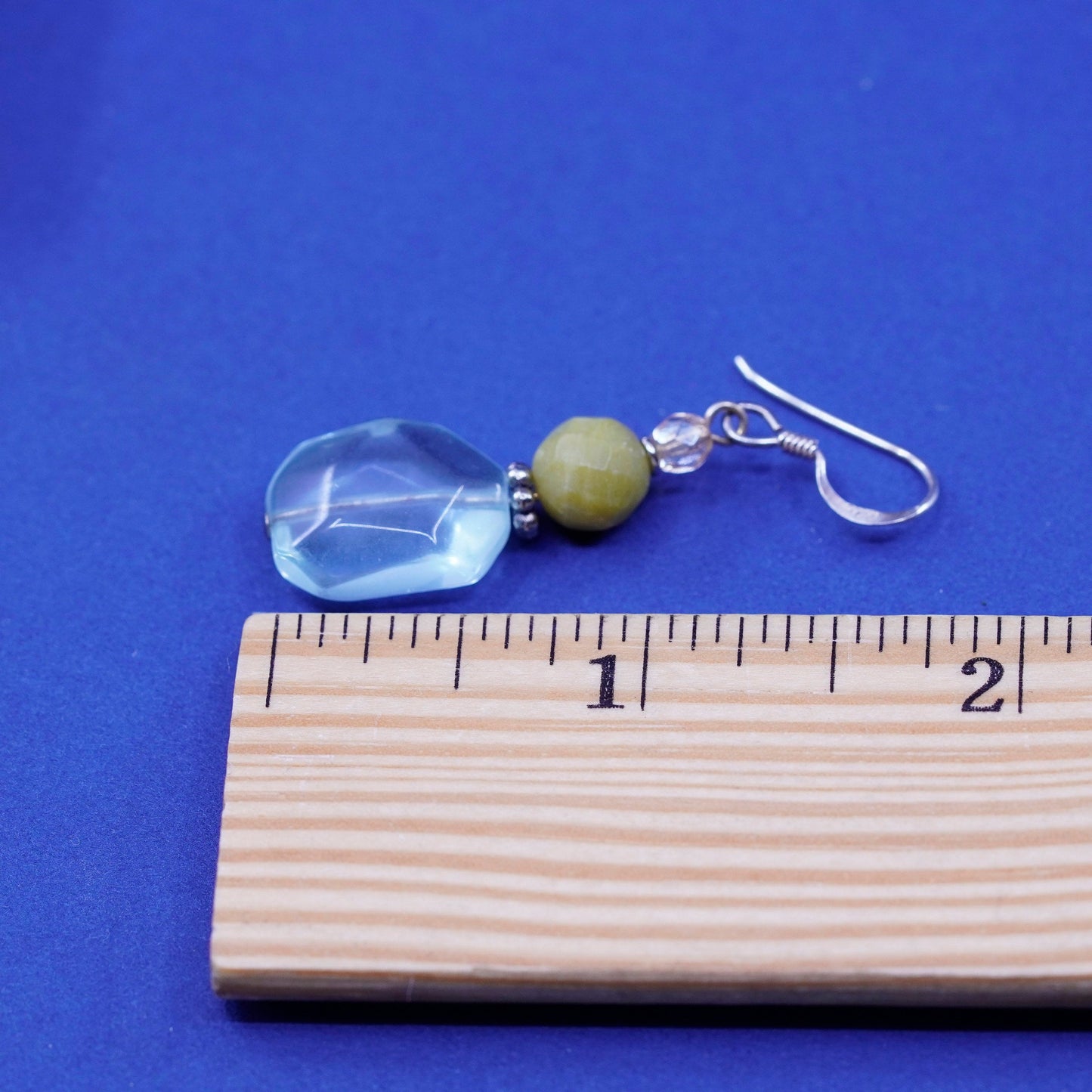 Vintage Sterling 925 silver handmade earrings with blue crystal and jade bead