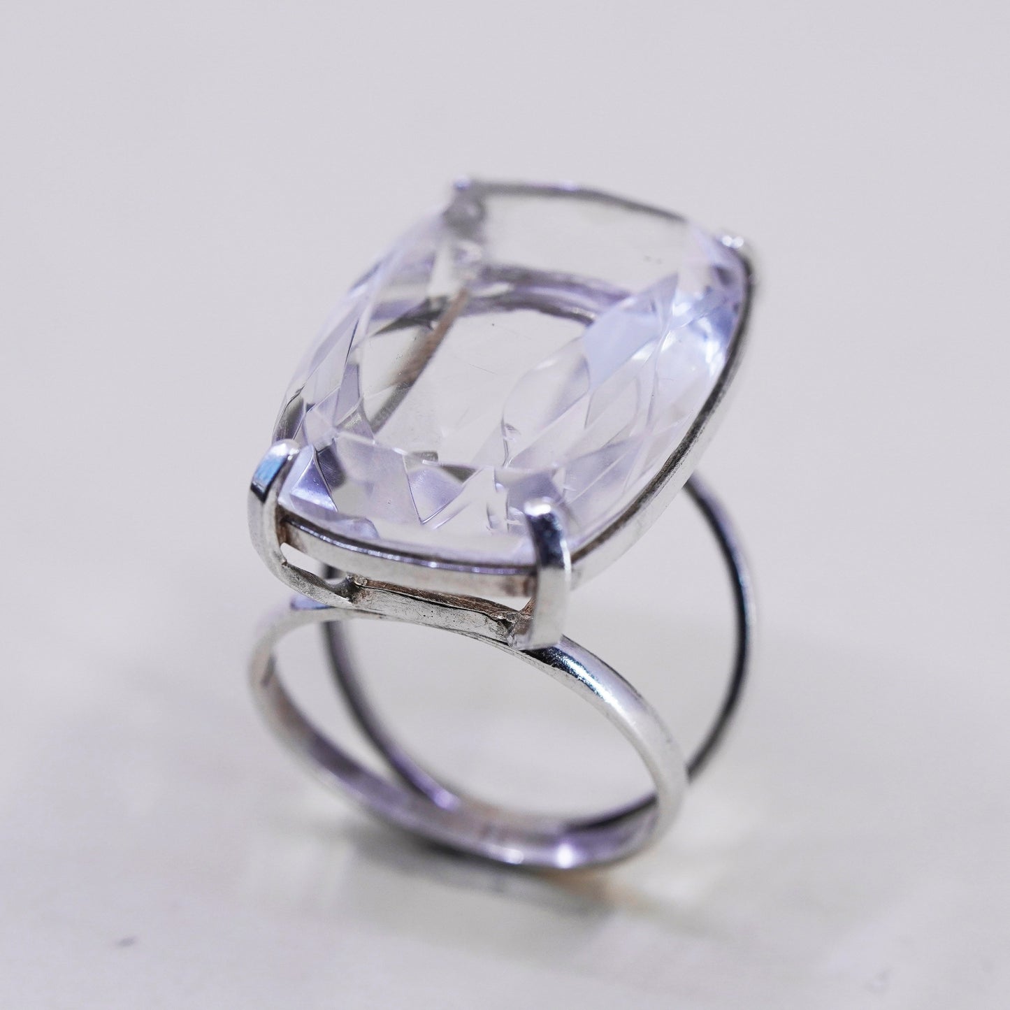 Size 5.75, vintage Sterling 925 silver handmade ring with emerald cut crystal