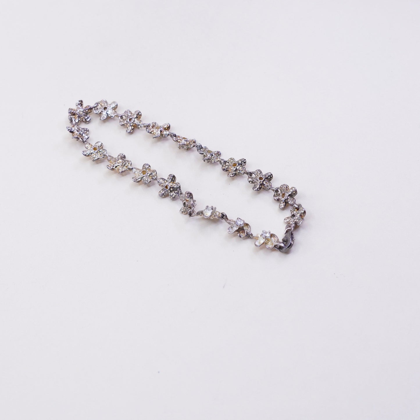 7.5”, Vintage sterling silver bracelet, 925 flowers with Cz, handmade jewelry