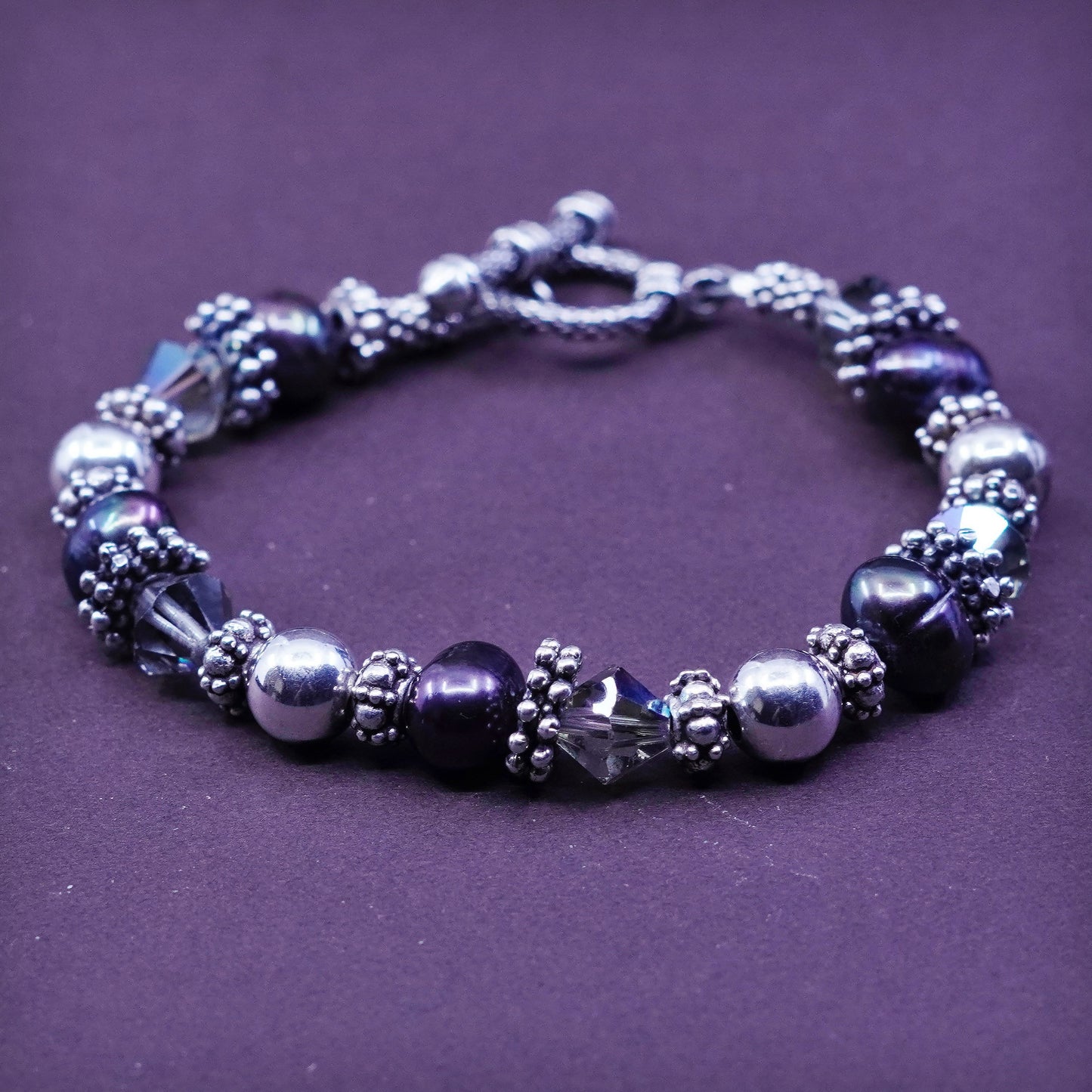 6.75”, Sterling 925 silver handmade beads bracelet with black pearl and crystal