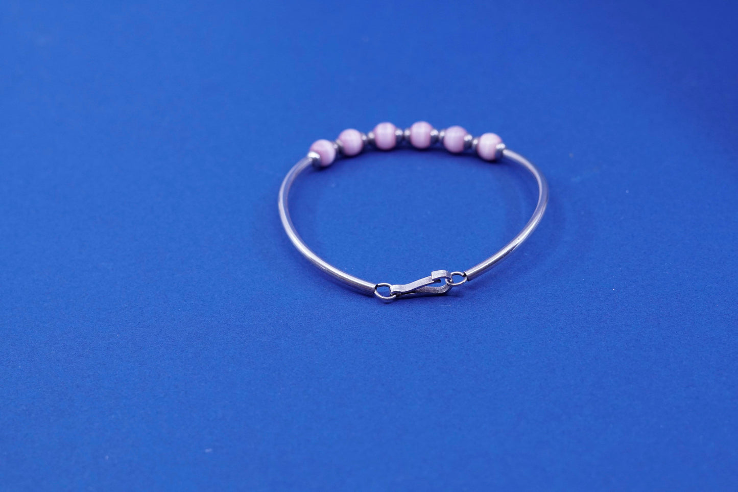 6.5”, Sterling silver handmade bangle bracelet, 925 bangle w/ pink cat’s eye
