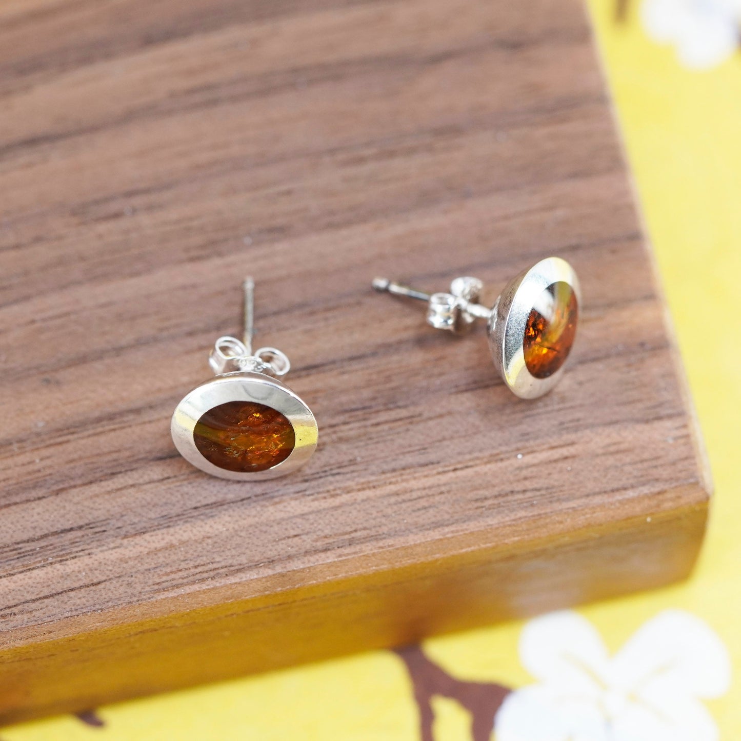 Vintage Sterling Silver Handmade earrings, round 925 studs with amber