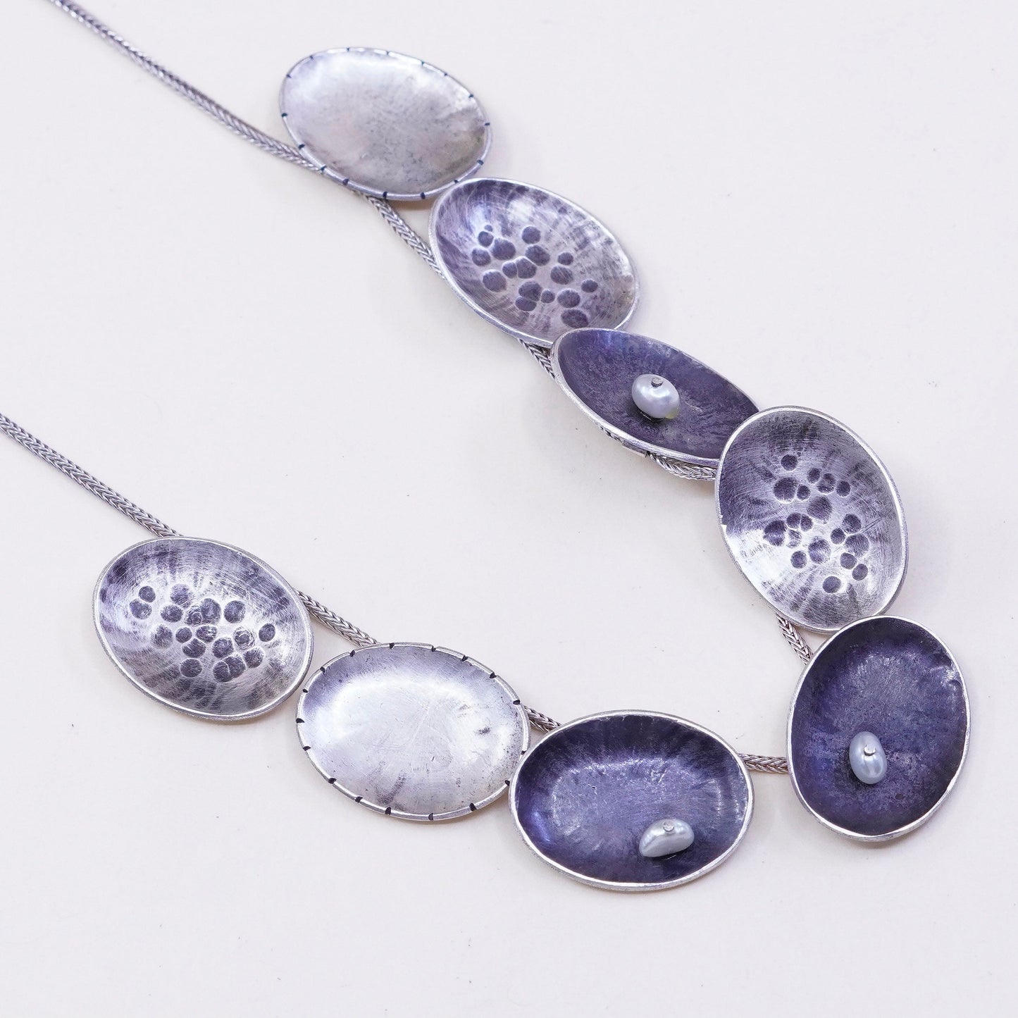 17”, vtg handmade Sterling 925 silver wheat chain with disc pendant and pearl