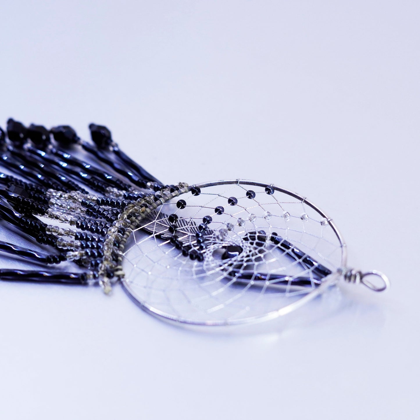 Native American sterling 925 silver net feather pendant w/ onyx crystal fringe