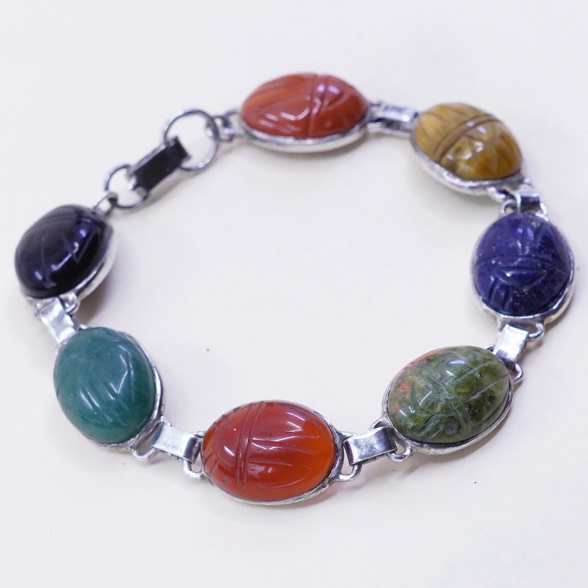 7”, GM sterling 925 silver bracelet, golden tiger eye jasper jade lapis onyx