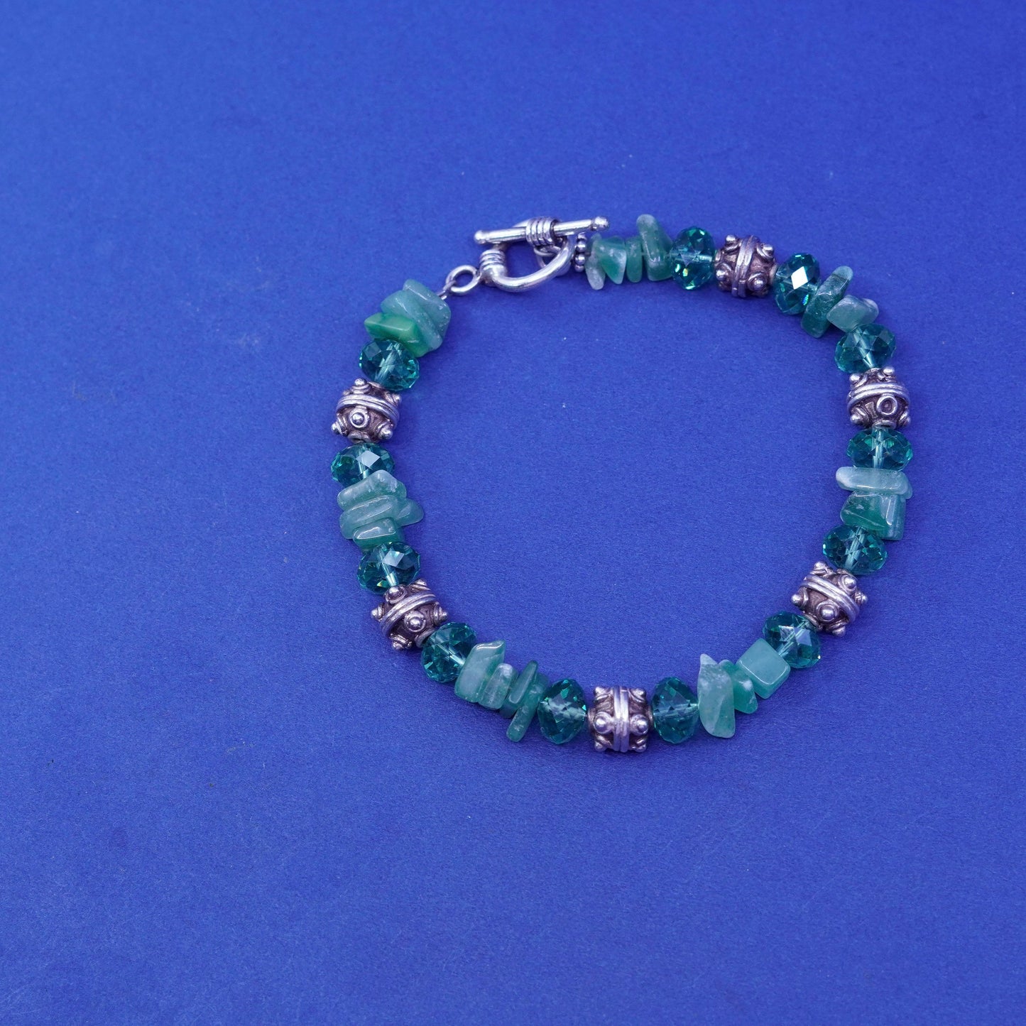 7.5”, vintage Sterling silver handmade bracelet, 925 beads with jade nuggets