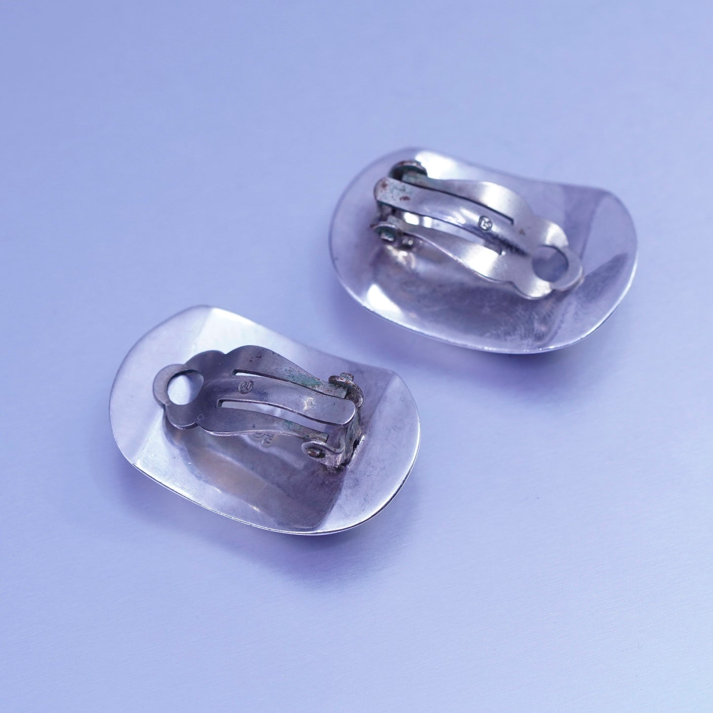 Vintage Sterling 925 silver handmade earrings, simple round oval clip on