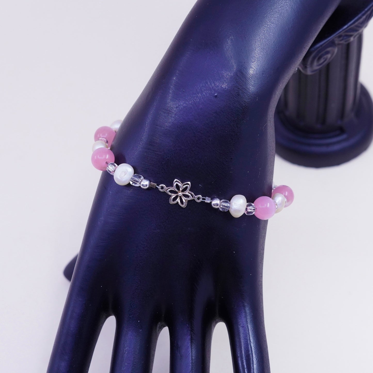 7”, handmade bracelet pearl pink cat eye beads sterling 925 silver flower
