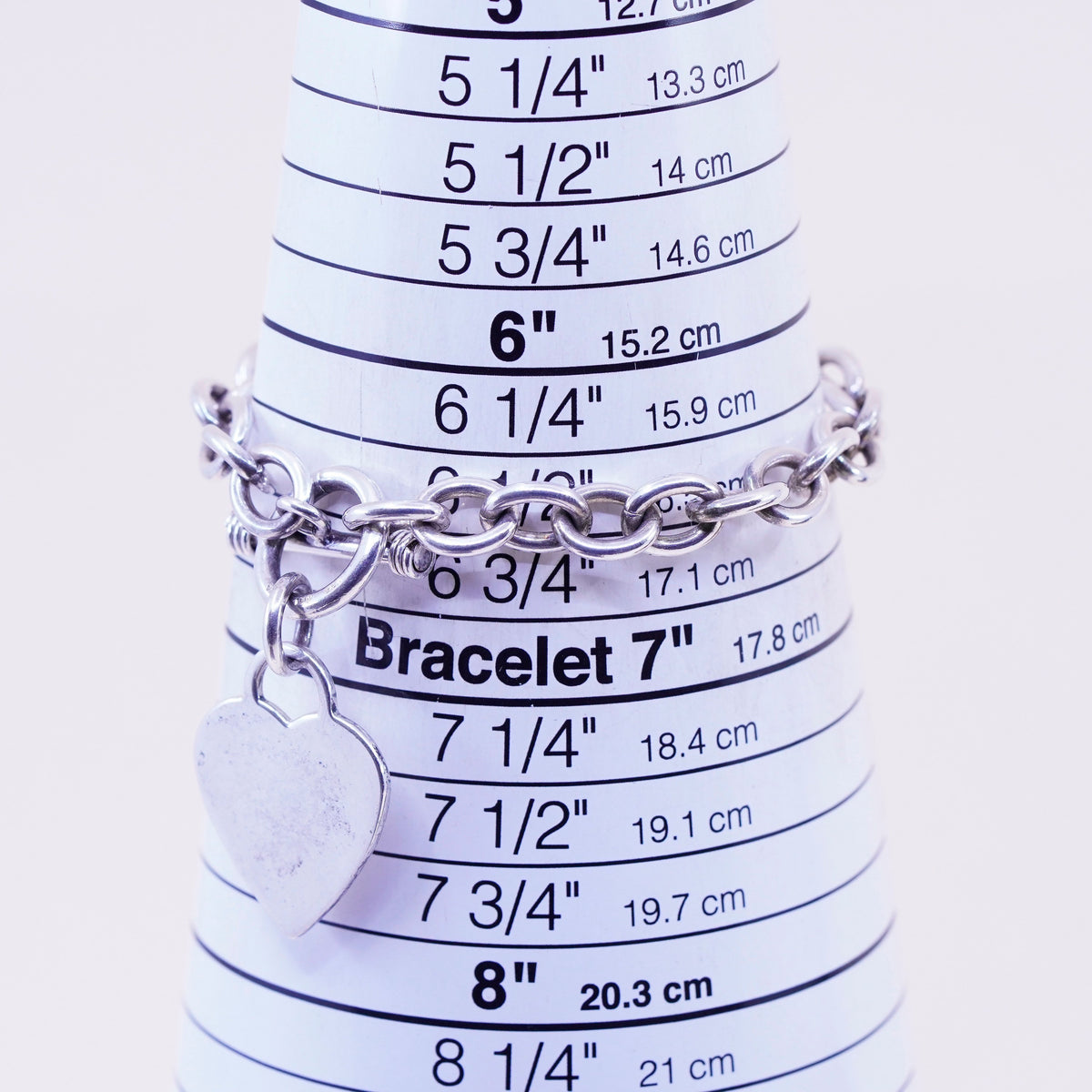 6.5”, 9mm, Vintage sterling 925 silver circle bracelet with heart charm