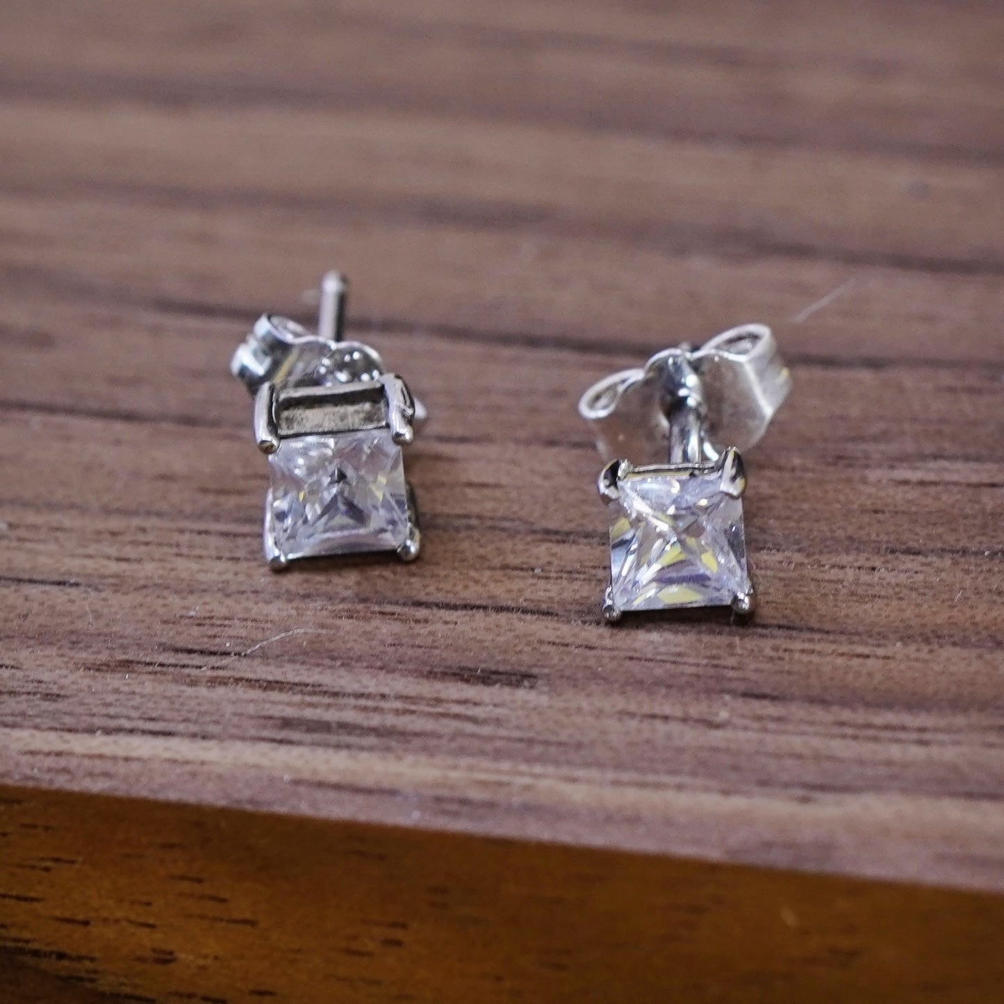 4mm, Vintage Sterling 925 silver clear cz studs, square earrings