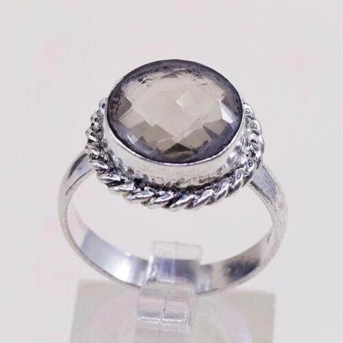 Sz 8.5, Sterling Silver Ring, 925 Silver Engagement Ring W/ Smoky Crystal