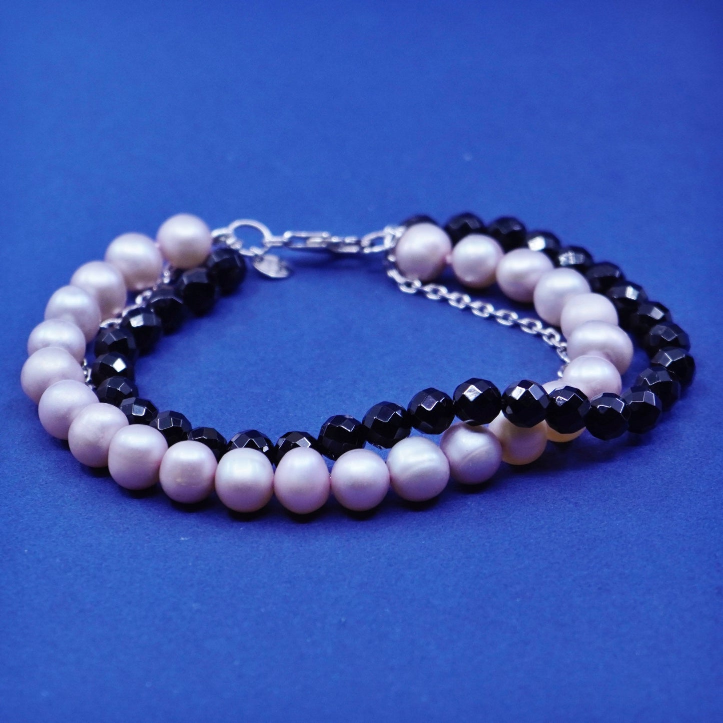 6.75”, vintage Sterling 925 silver handmade bracelet, obsidian and pearl beads