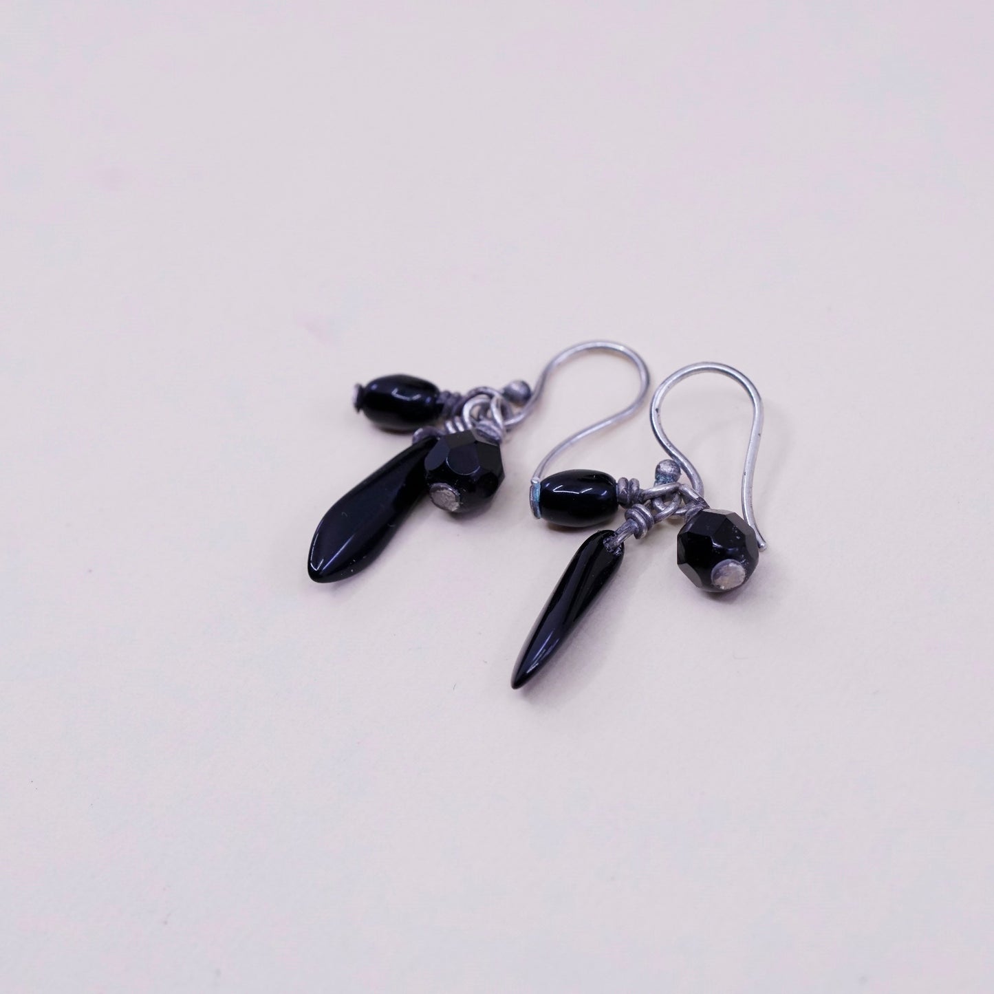 Vintage Sterling 925 silver handmade earrings with teardrop obsidian drops