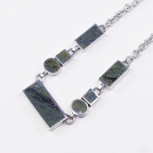 18”, 4mm, Vtg Handmade Sterling 925 Silver Circle Chain W/ Green Agate Inlay
