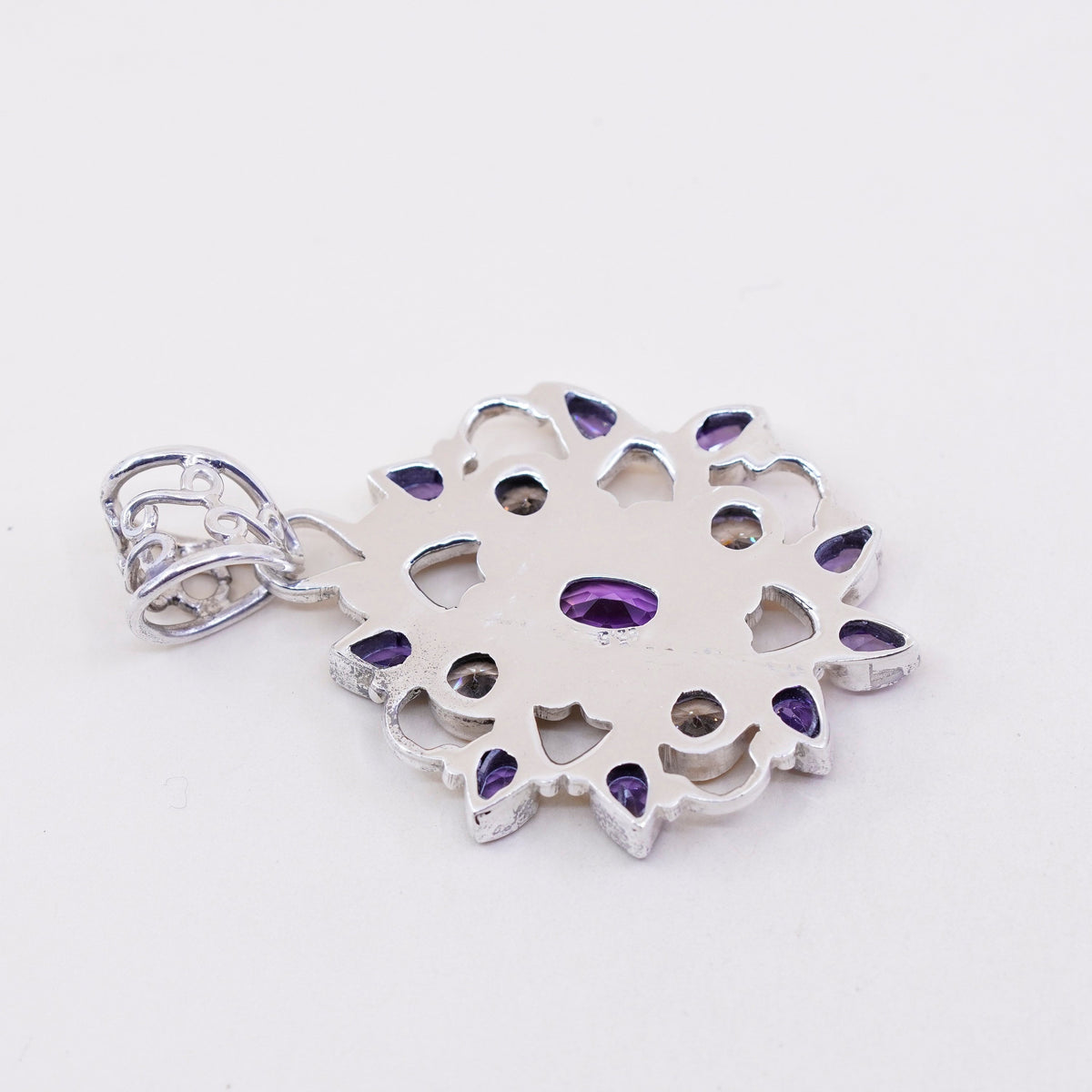Sterling 925 silver handmade filigree flower pendant with amethyst and citrine