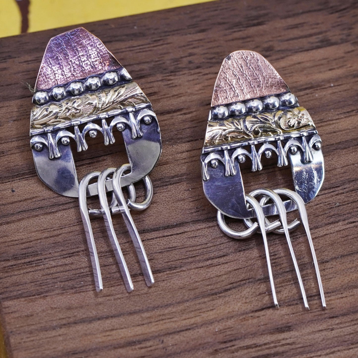 Triple tone Native American handmade sterling 925 silver earrings fringe dangle