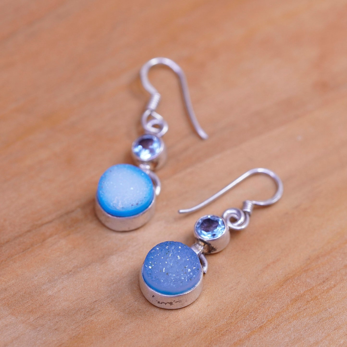 Vintage Sterling 925 silver handmade earrings with blue topaz and druzy