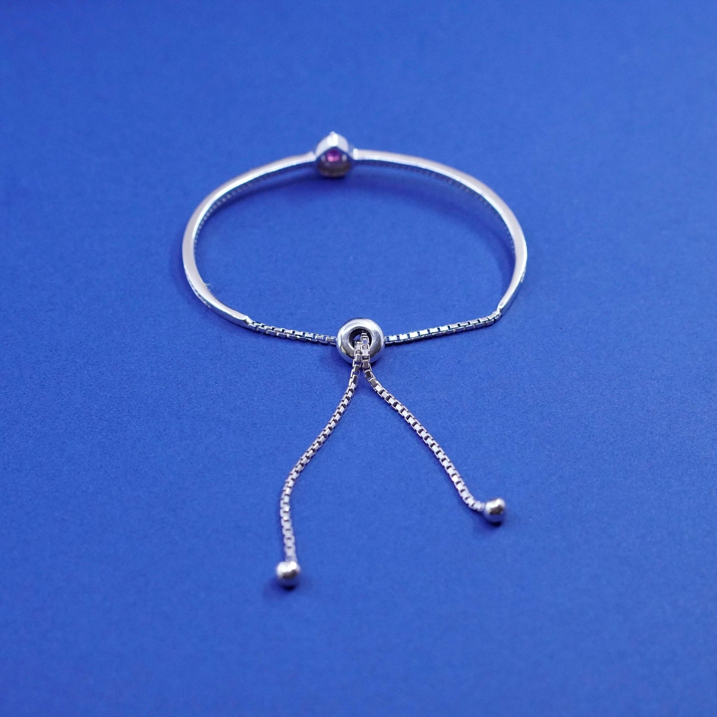 Size adjustable, vintage Sterling 925 silver cuff bracelet w/ teardrop ruby cz