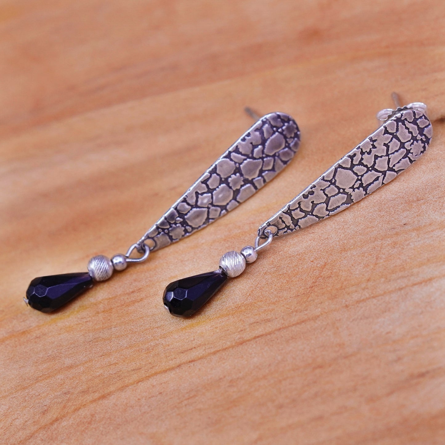 sterling 925 silver handmade textured earrings, with teardrop obsidian beads