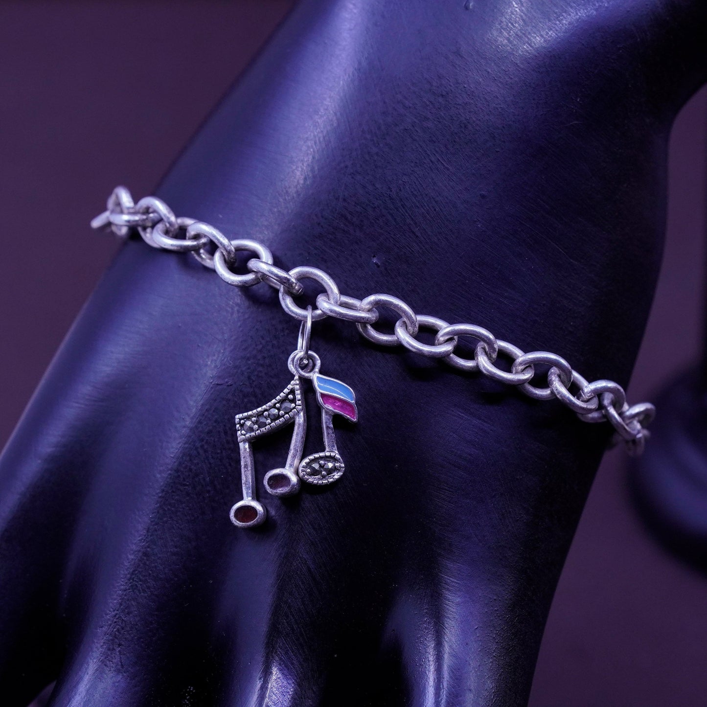 7”, vtg Sterling silver handmade bracelet, 925 circle chain music symbol charm