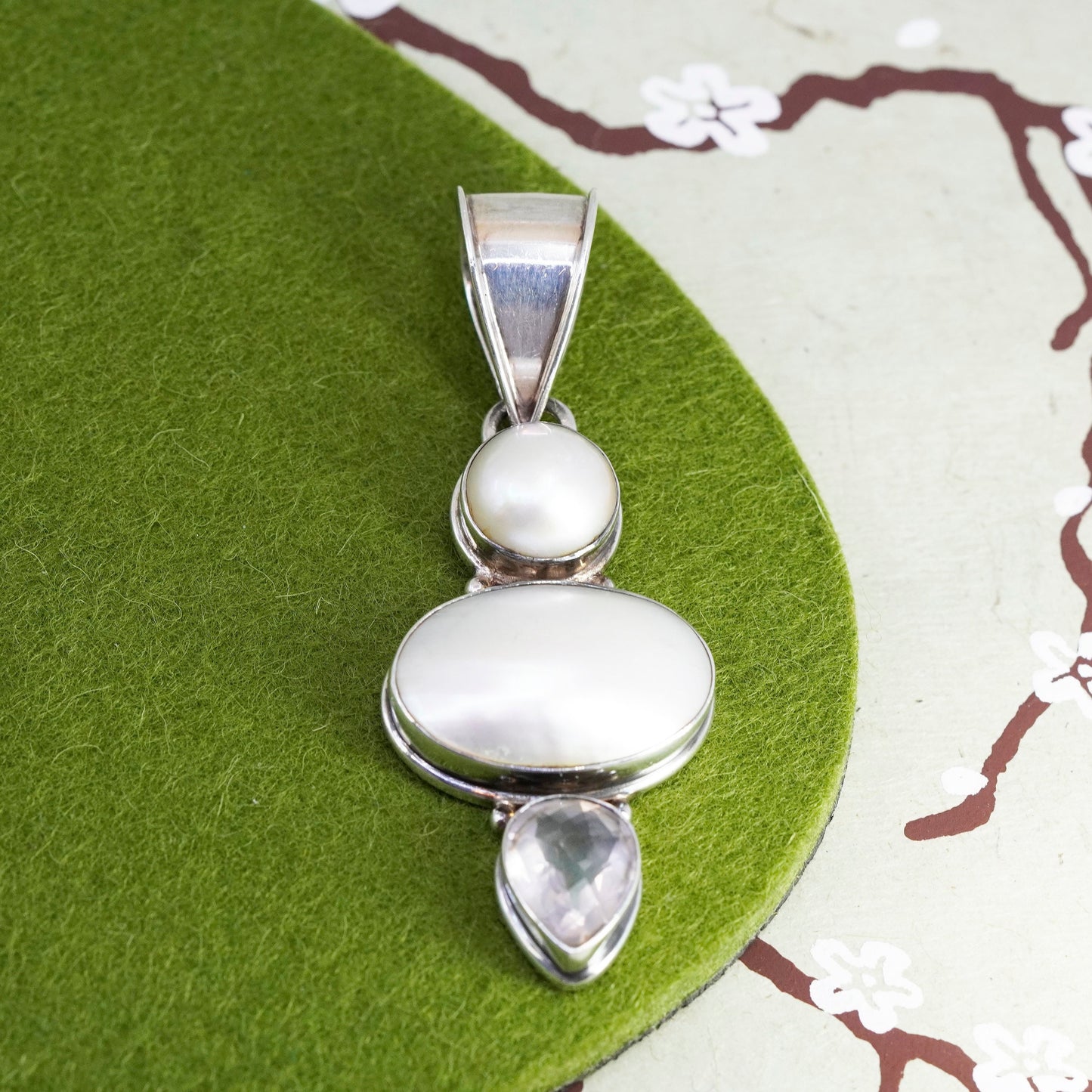 Vintage Sterling 925 silver handmade pendant with pearl teardrop pink quartz