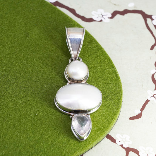 Vintage Sterling 925 silver handmade pendant with pearl teardrop pink quartz
