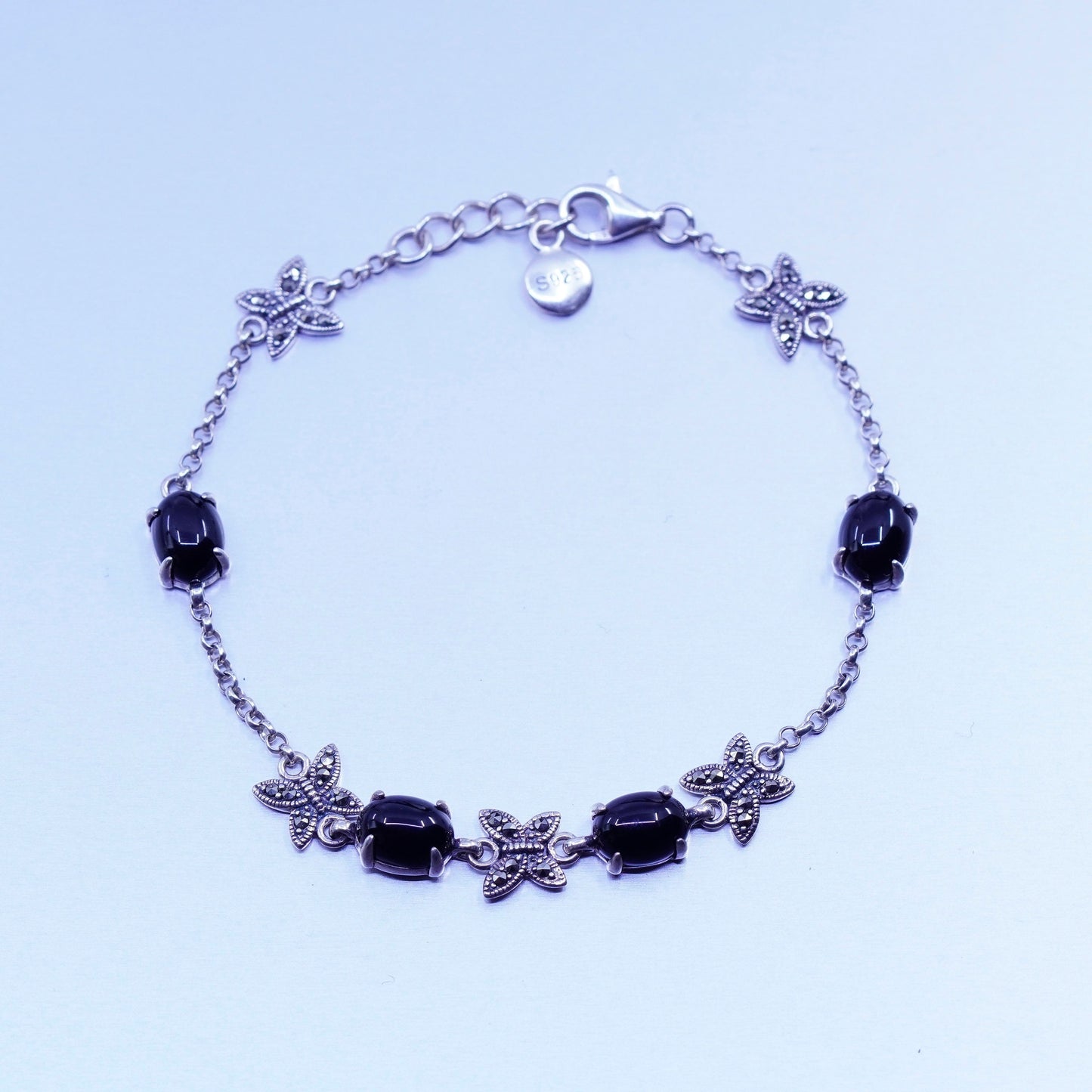 7”, MGS Sterling 925 silver bracelet with obsidian and marcasite butterfly