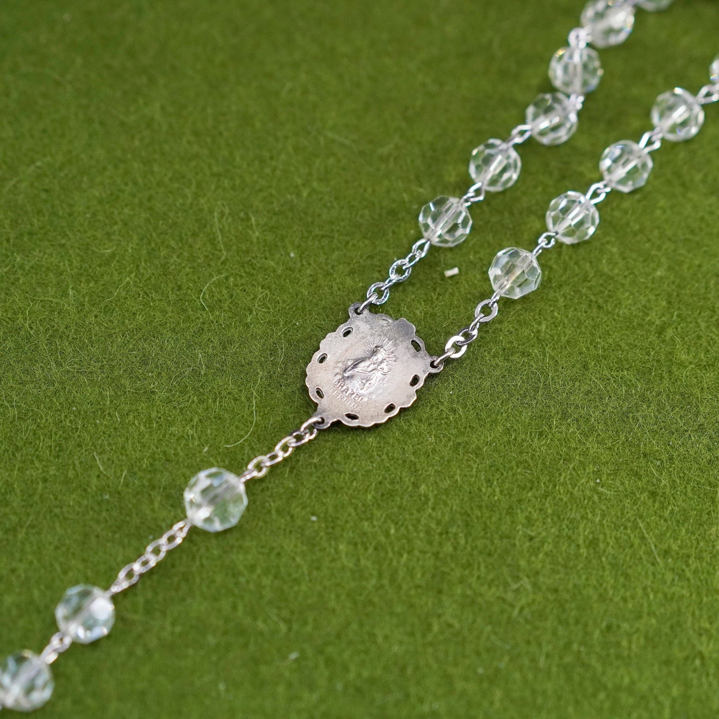 28”, Chapel sterling 925 silver rosary necklace w/ cross pendant crystal beads