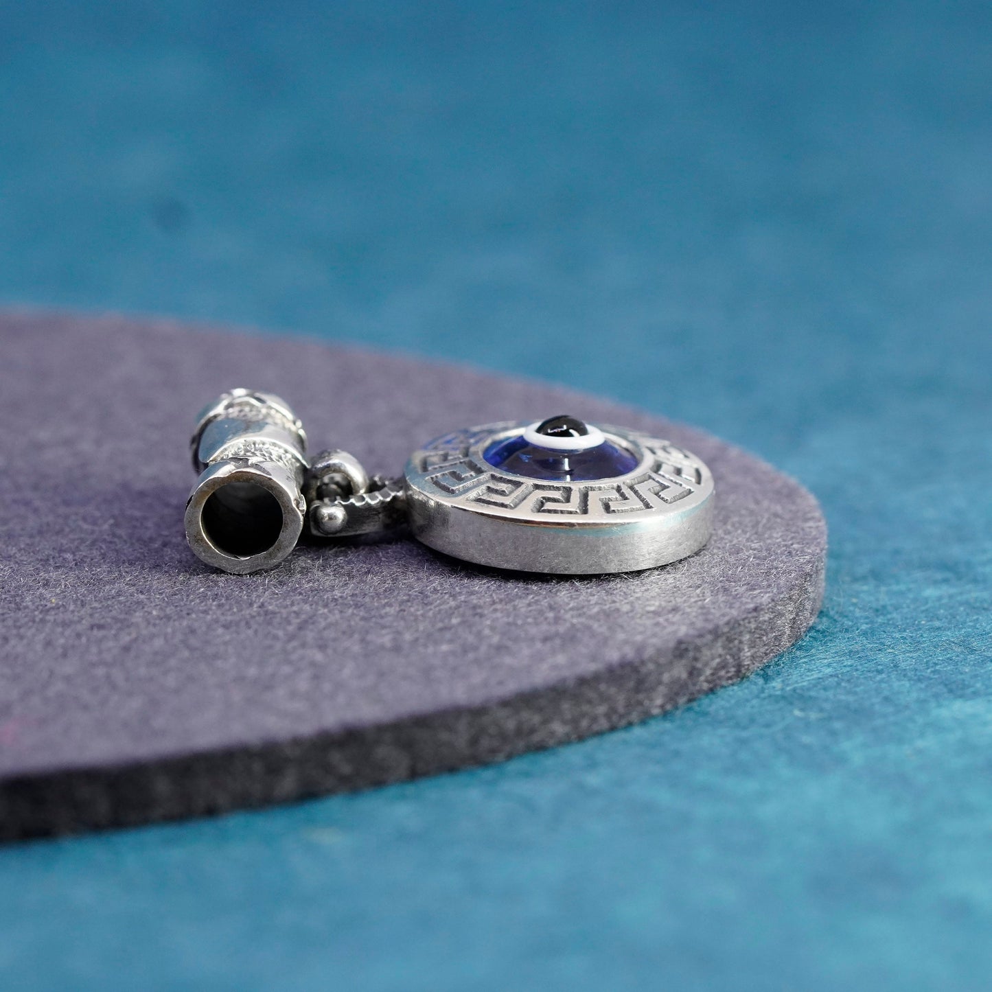 Vintage Sterling 925 silver handmade blue glass evil eye slide pendant charm