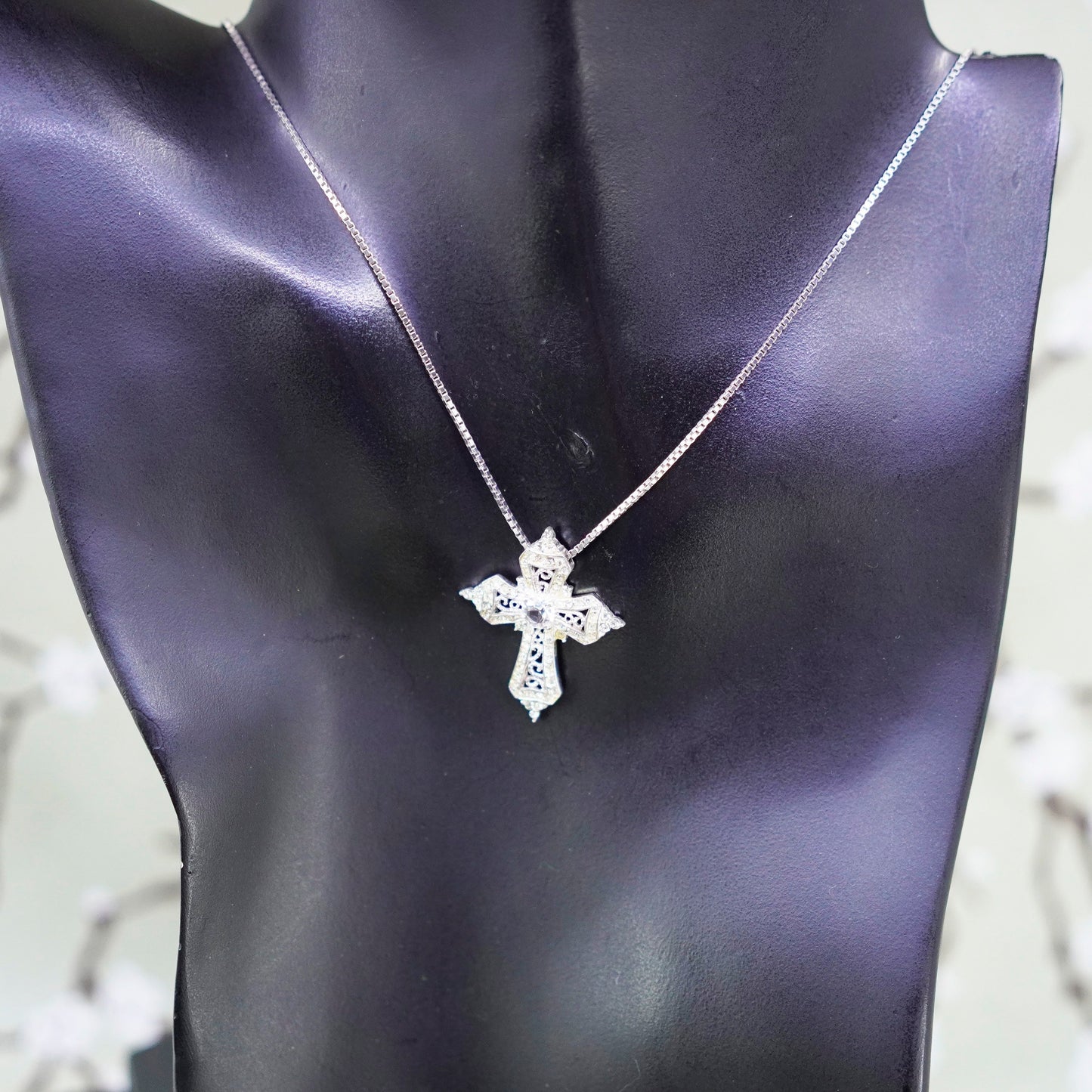 16+2”, sterling silver handmade necklace, 925 box chain filigree cross Pendant