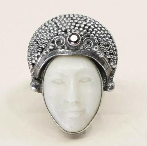 Sz 6.75, Sterling Silver 925 cocktail Ring W/ Cow Bone Bovine Moonface N Ruby