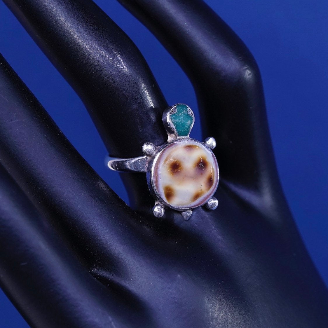 sz 7.25, Native American Sterling silver handmade ring, 925 turtle w/ turquoise