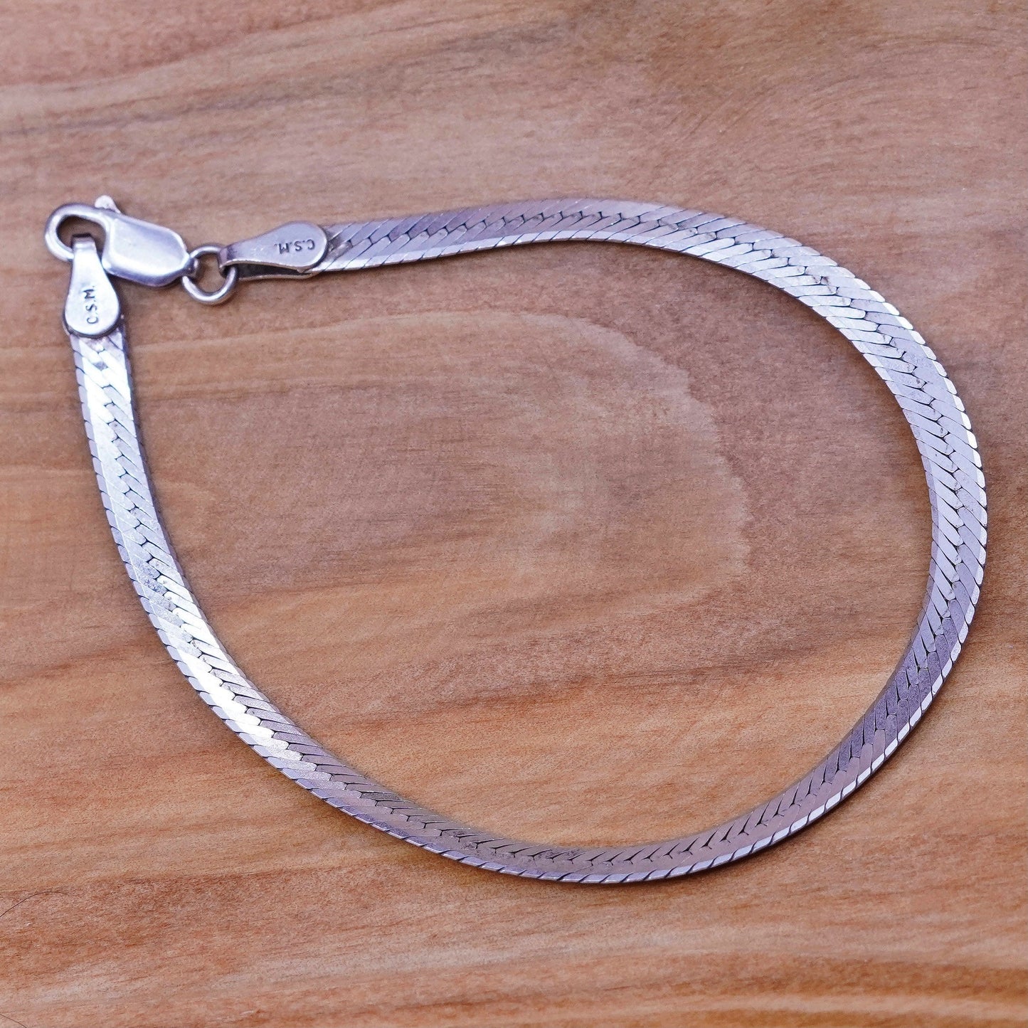 7.25”, Vintage Sterling silver textured herringbone bracelet, Italy 925 chain