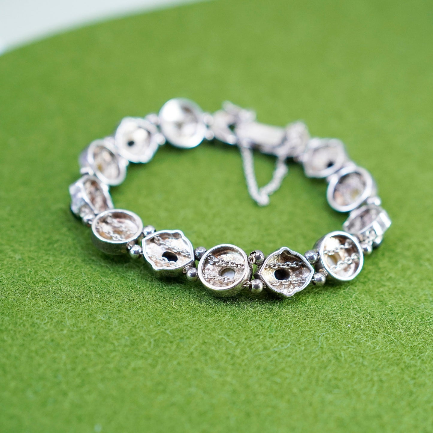 7”, Sterling 925 Silver chain, tennis Bracelet with marcasite onyx moonstone