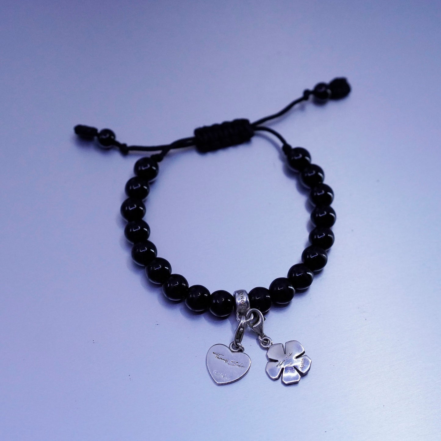 Thomas Sabo Sterling 925 silver bracelet flower heart charm obsidian beads