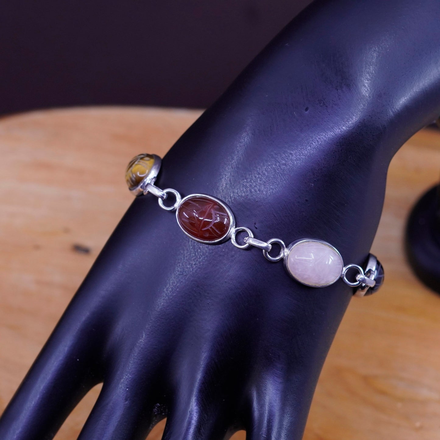 7”, sterling 925 silver carved bracelet, golden tiger eye jasper carnelian jade