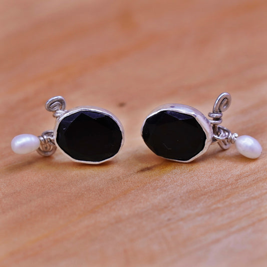 Vintage Sterling 925 silver handmade earrings with oval obsidian N pearl beads