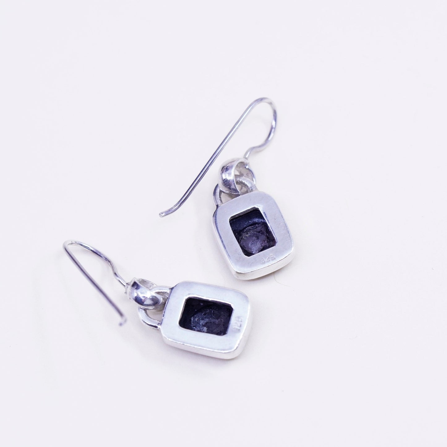 Vintage Sterling 925 silver handmade earrings with square obsidian drops