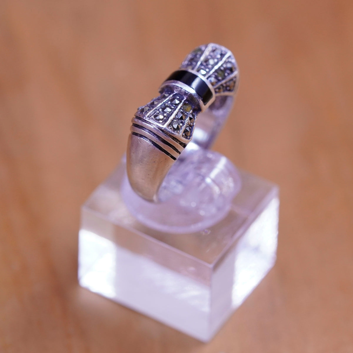 Size 7, vintage Sterling silver handmade ring, Art deco 925 bow ribbon obsidian