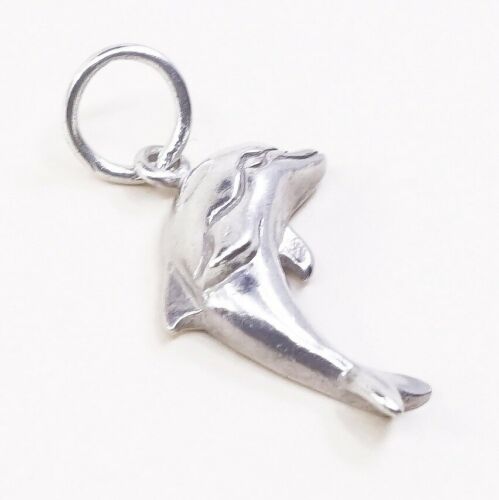 Vintage Sterling Silver Dolphin Pendant, Solid 925 Silver Fish Charm, Stamped