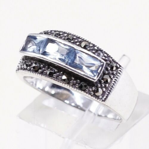 Sz 7, Sterling Silver handmade Ring, 925 Silver Band W/ sapphire n marcasite