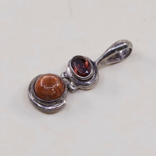 Vtg Handmade Sterling Silver 925 Pendant, Solid 925 Silver W/ Garnet N Ruby