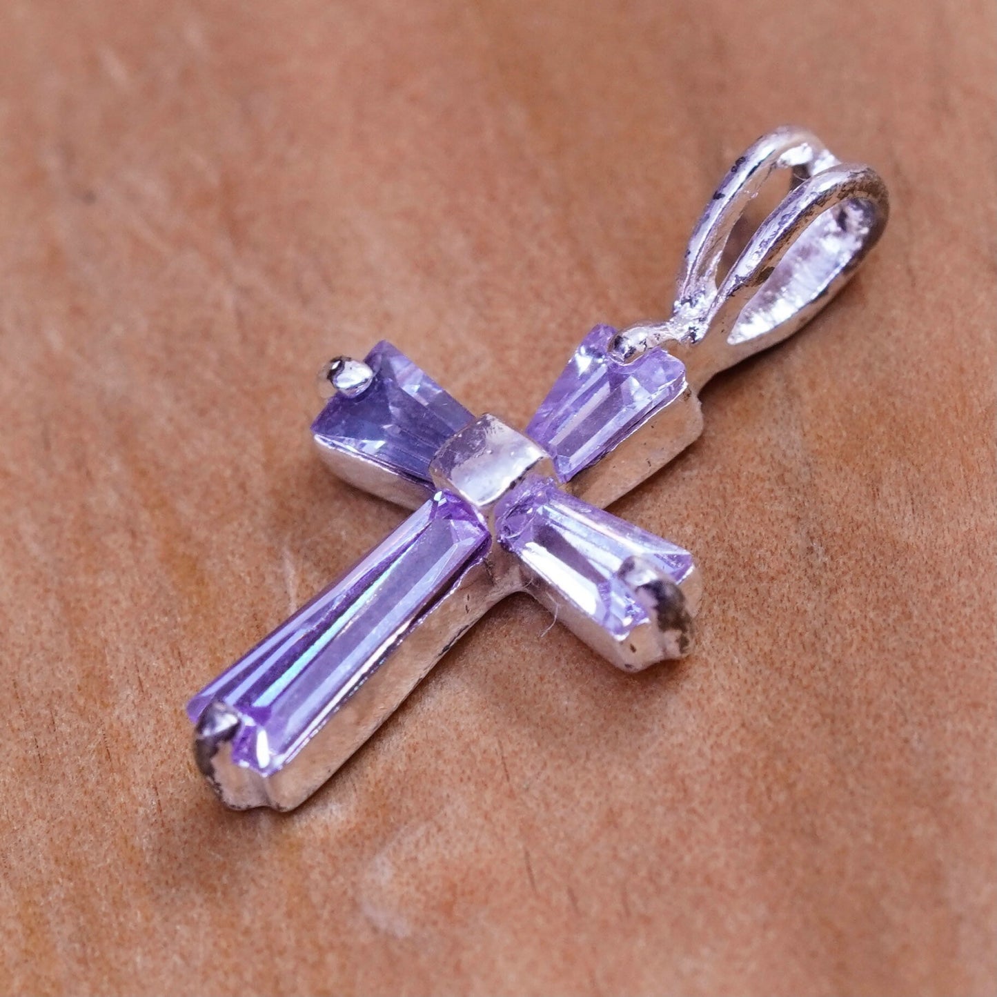 Vintage Sterling silver handmade pendant, 925 cross with Violet Cz inlay