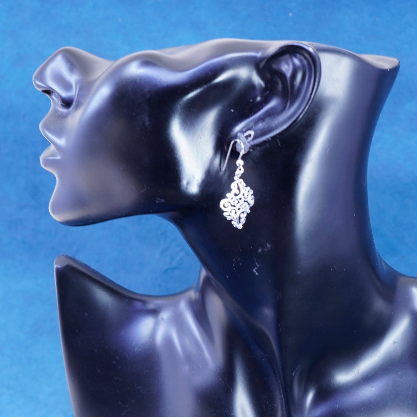 Vintage Sterling silver handmade earrings, 925 filigree diamond shaped drops