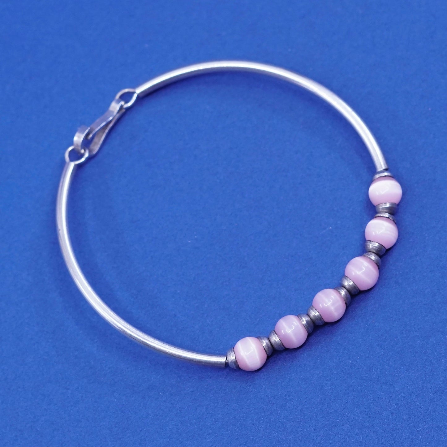 6.5”, Sterling silver handmade bangle bracelet, 925 bangle w/ pink cat’s eye